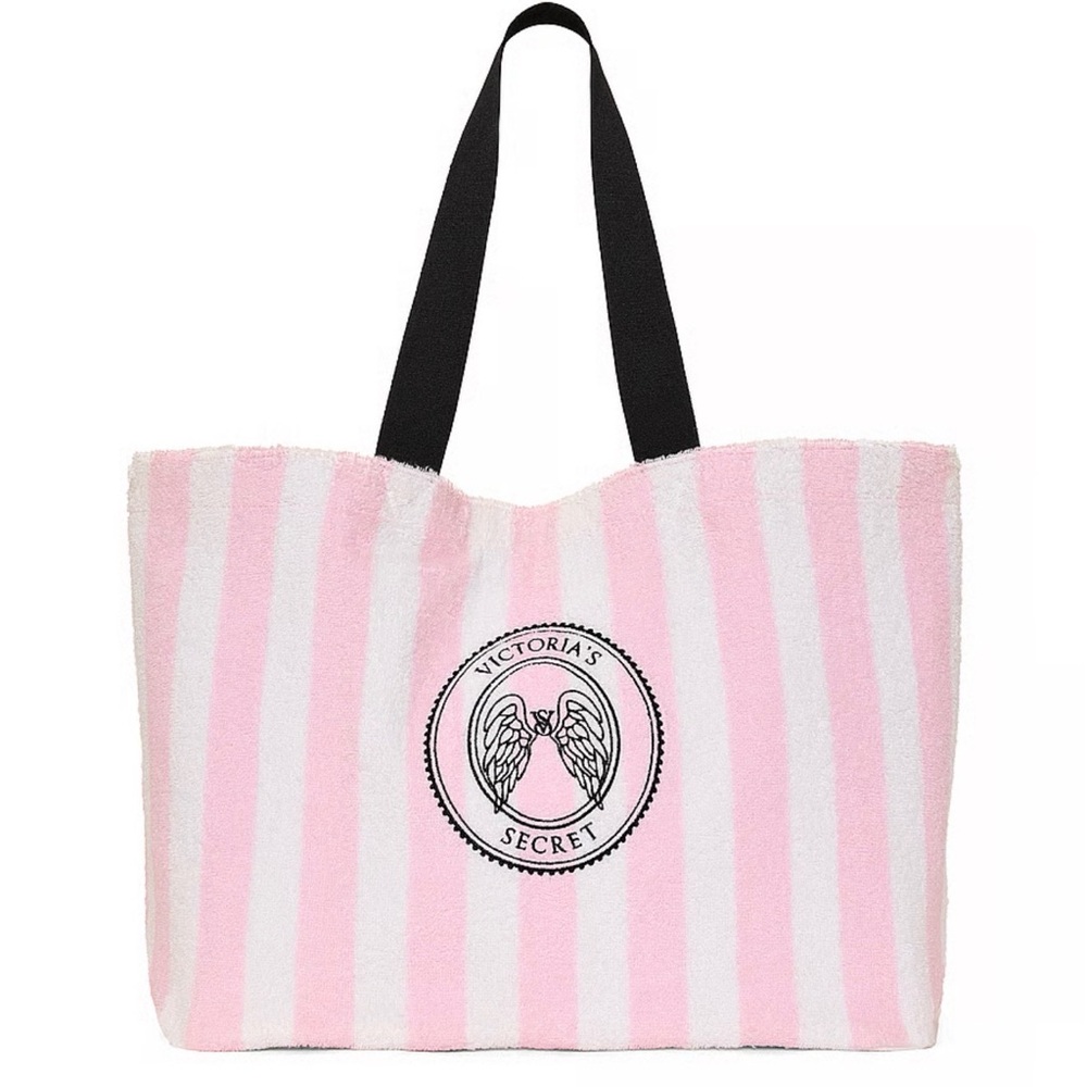 🆕 Victoria’s Secret Striped Pink and White Terry Cloth Tote Bag